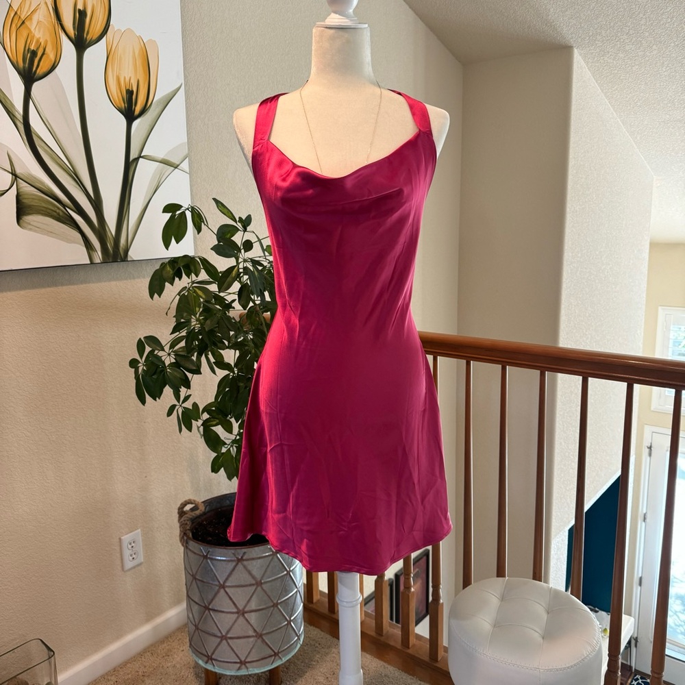 Hot pink satin halter mini dress